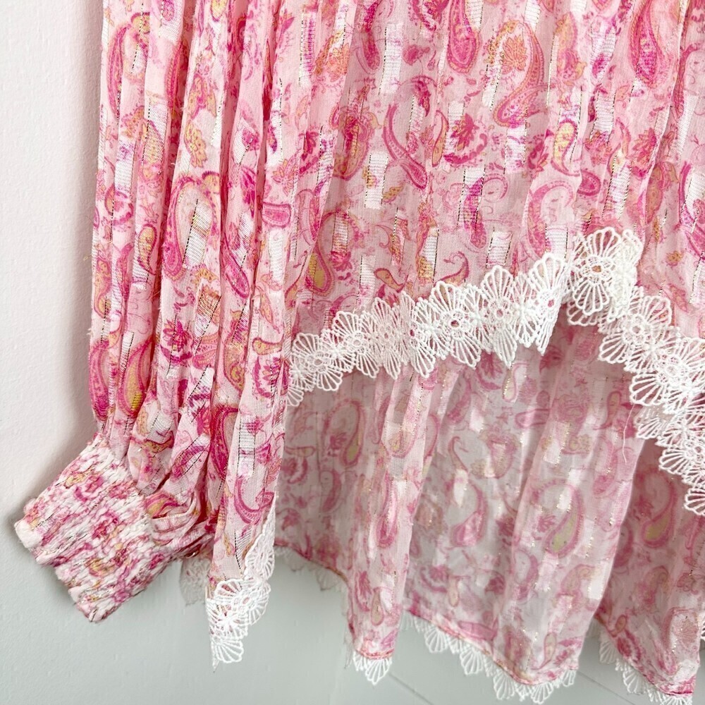 Rococo Sand Candy Blouse Pink Paisley Metallic Long Sleeve Size Medium - Picture 9 of 12